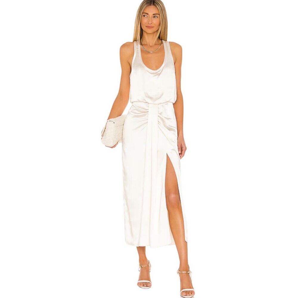 Revolve L'Academie Alicia Satin Midi Dress S Ivory Sleeveless Pleated Side Slit